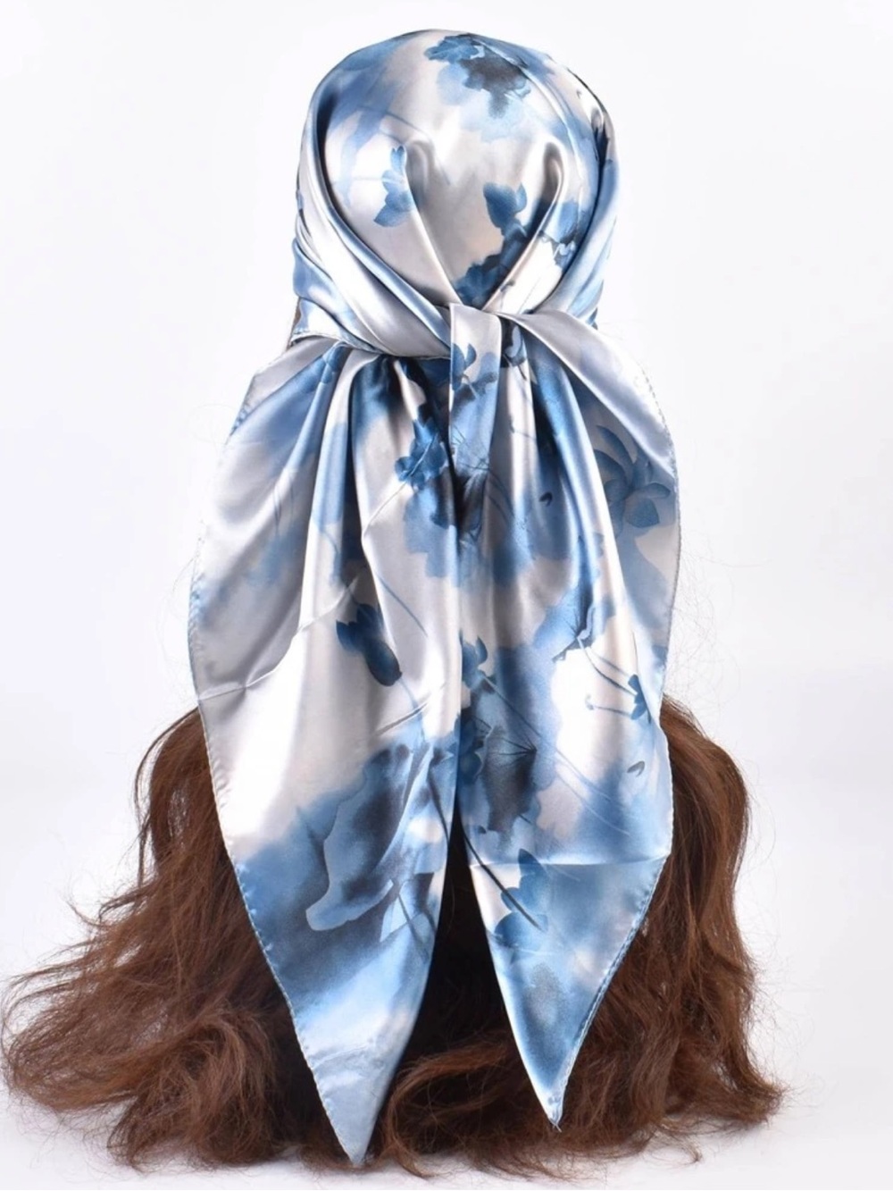 Blue Floral Satin Scarf | Silky Square Hair Scarf | 90 x 90 cm